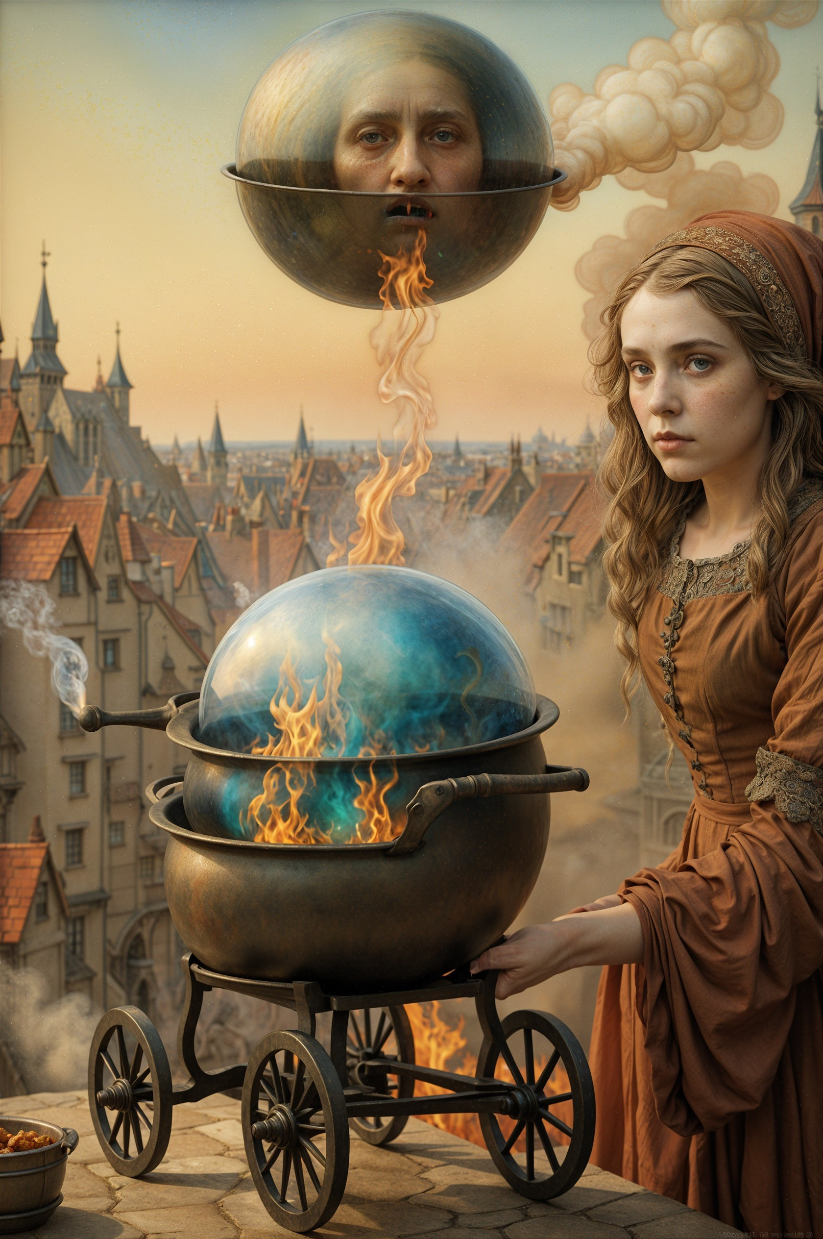 Surreal Landscape with Cauldron and Orbs in Medieval Town