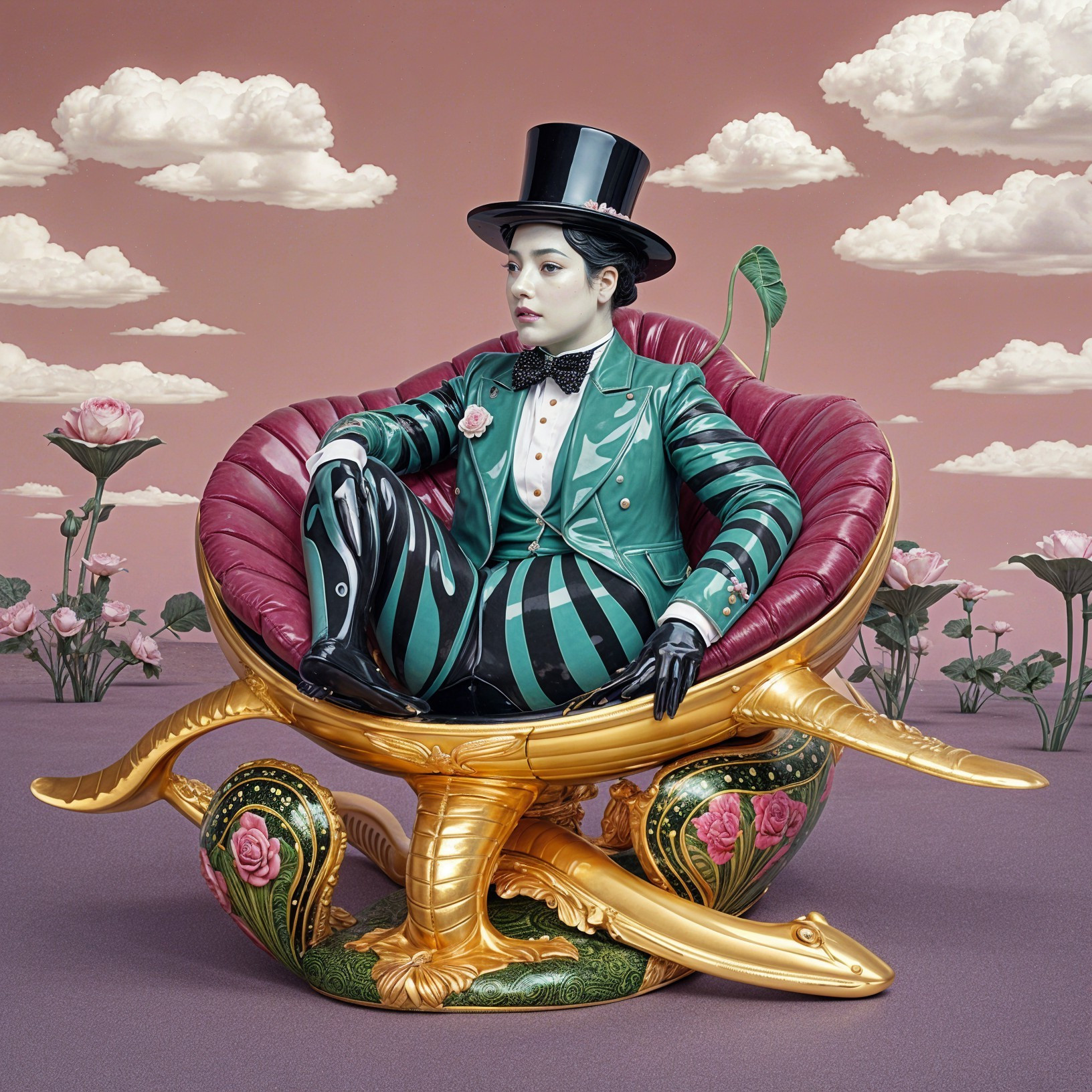 Surreal Figure in Ornate Shell Chair with Floral Motifs