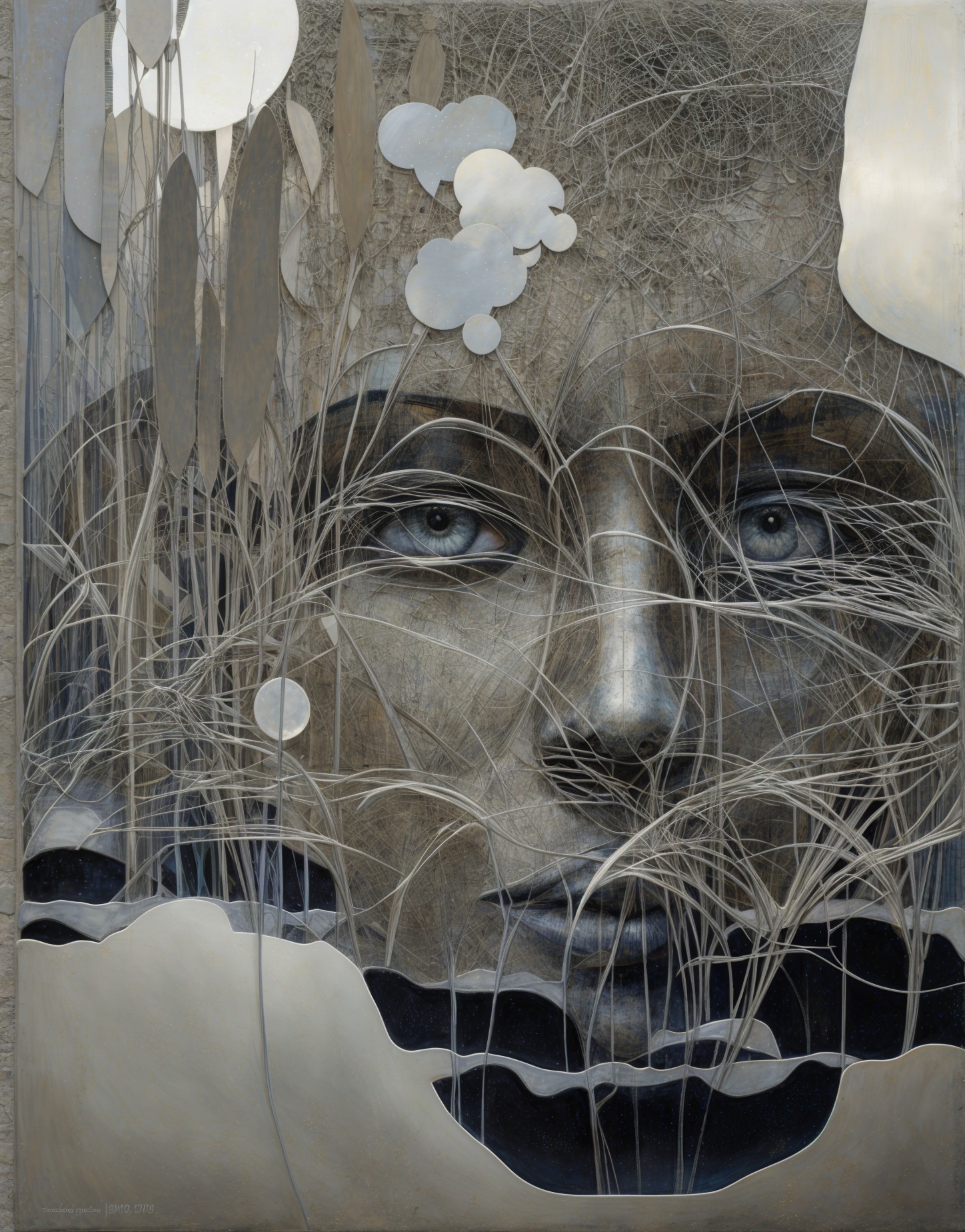 Serene Sculptural Face with Abstract Foliage Elements