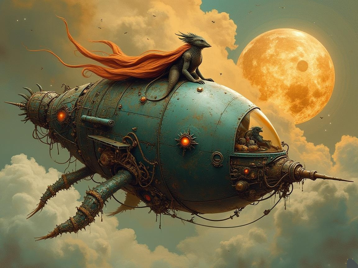 Steampunk Airship with Lizard Creature in Dreamy Sky