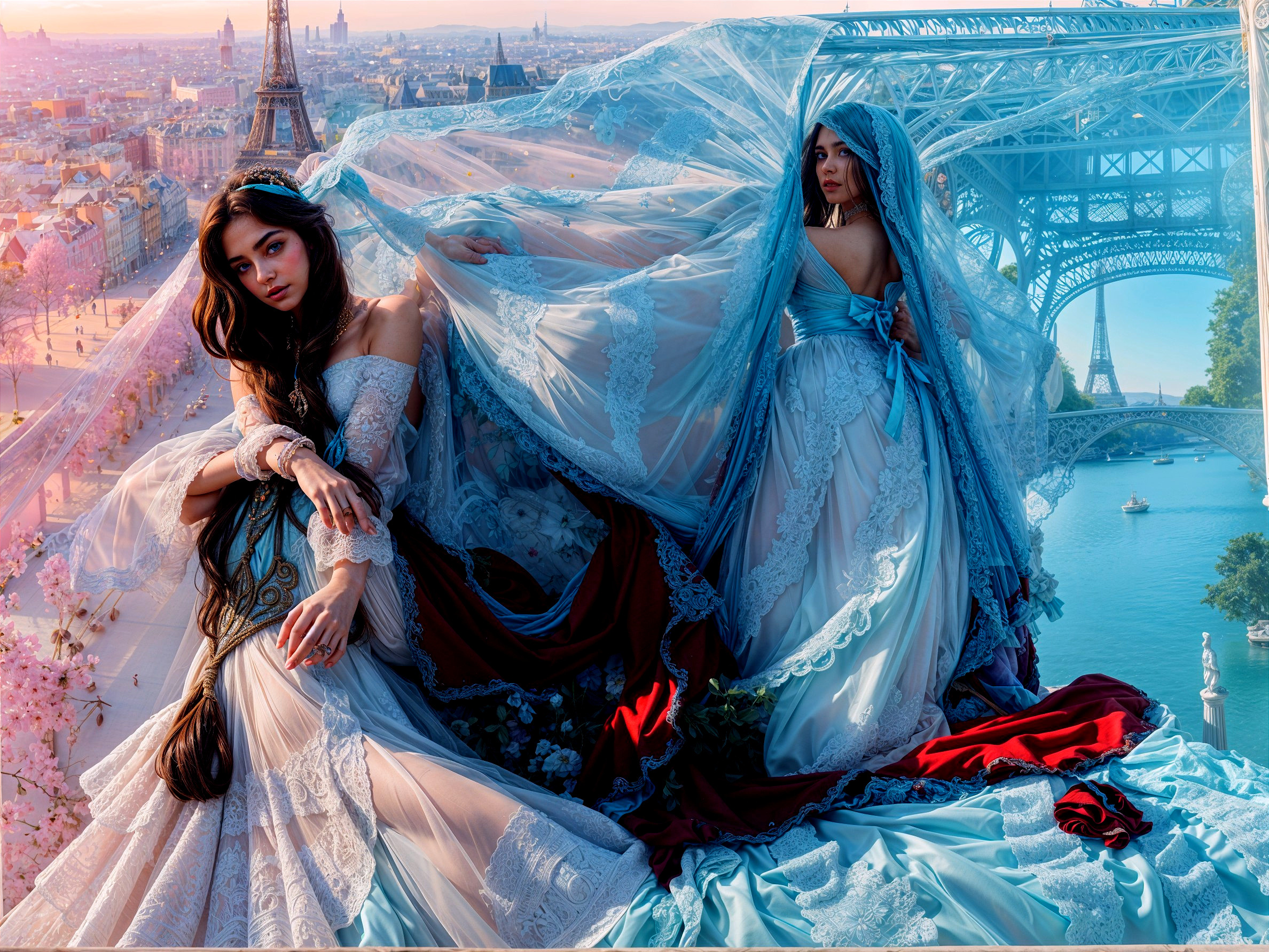 Elegant Women in Gowns with Parisian Backdrop