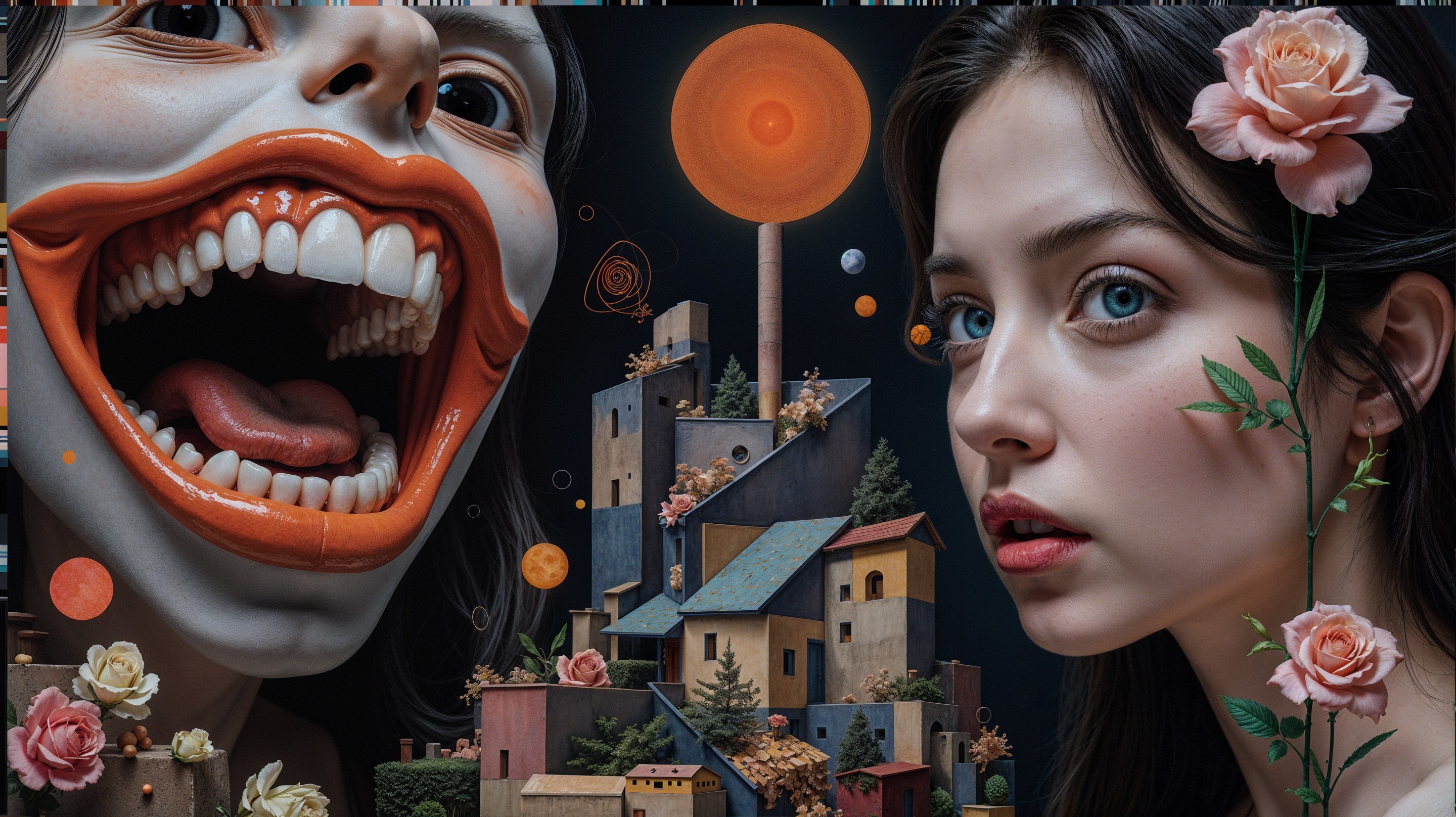 Surreal composition with expressive face and whimsical landscape