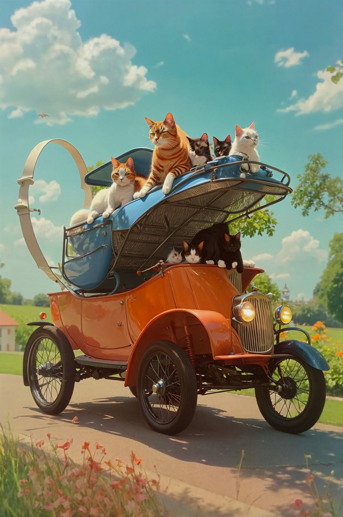 Orange Vintage Car with Cats on a Scenic Path
