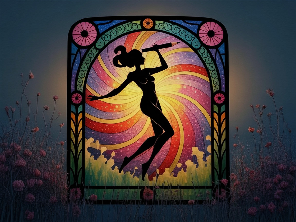 Vibrant stained glass design of a woman playing flute
