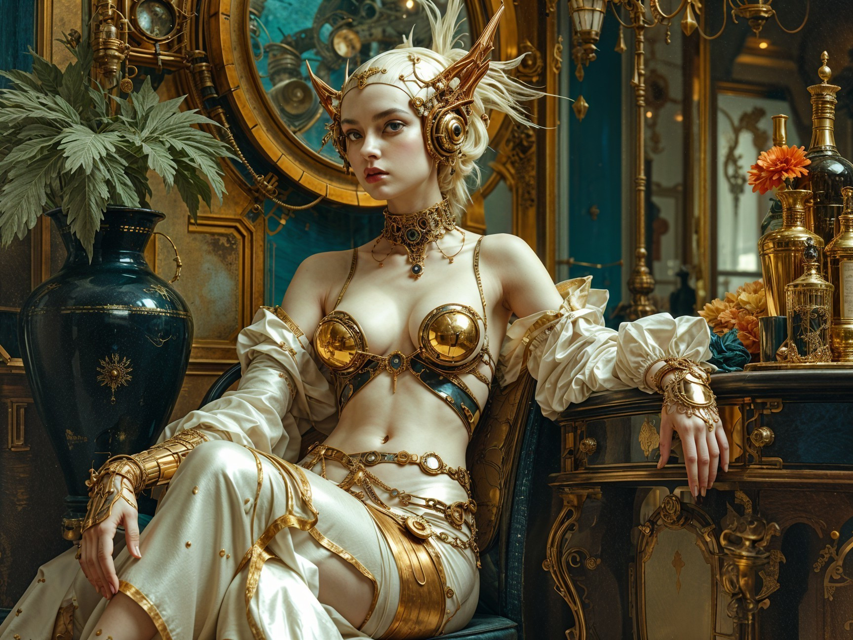 Futuristic Steampunk Fashion in Luxurious Setting