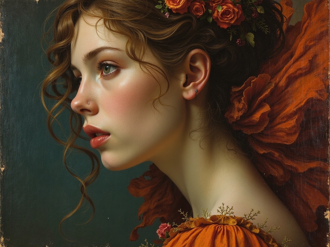 Young Woman with Curly Hair and Floral Outfit