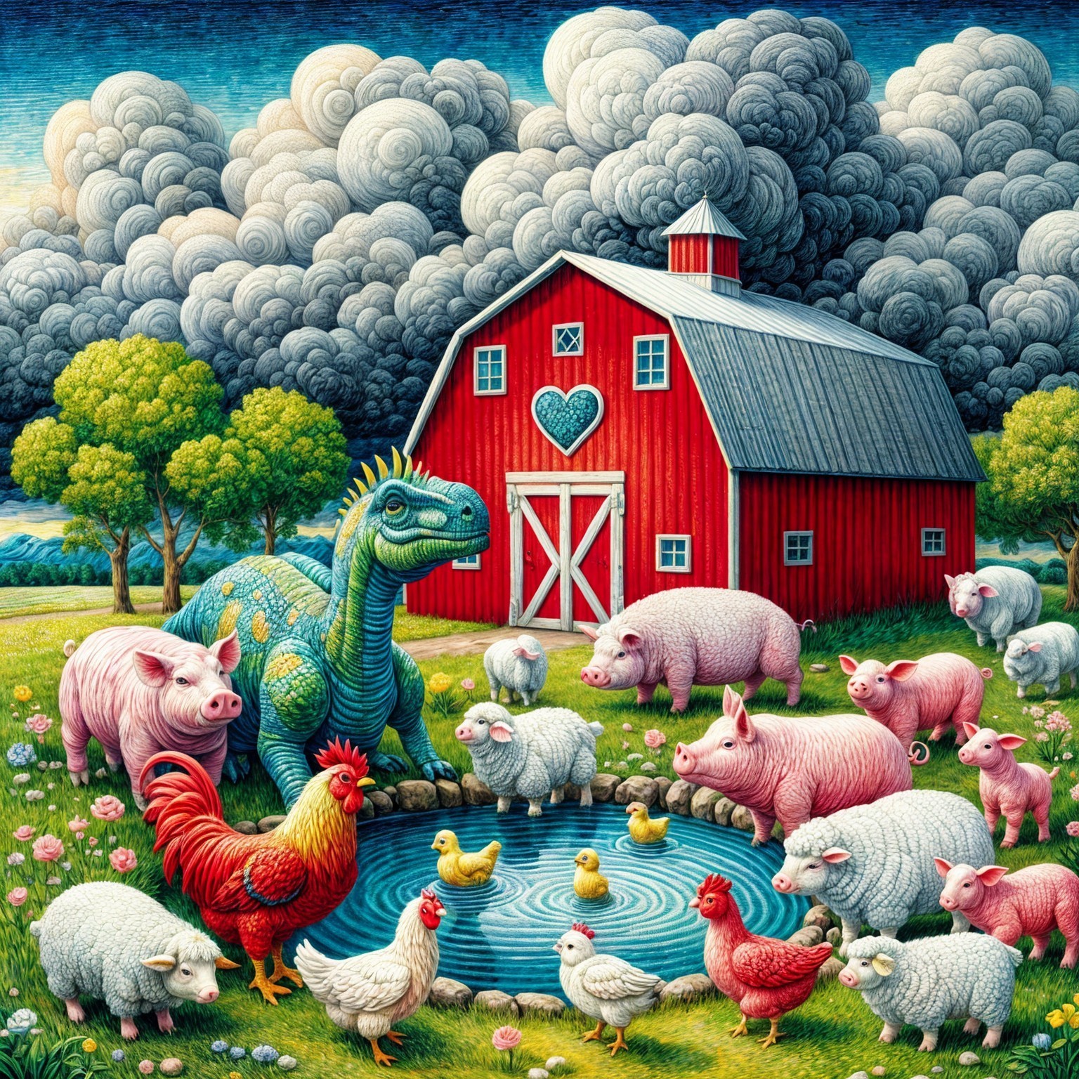 Colorful Dinosaur in Farm Scene with Animals and Barn
