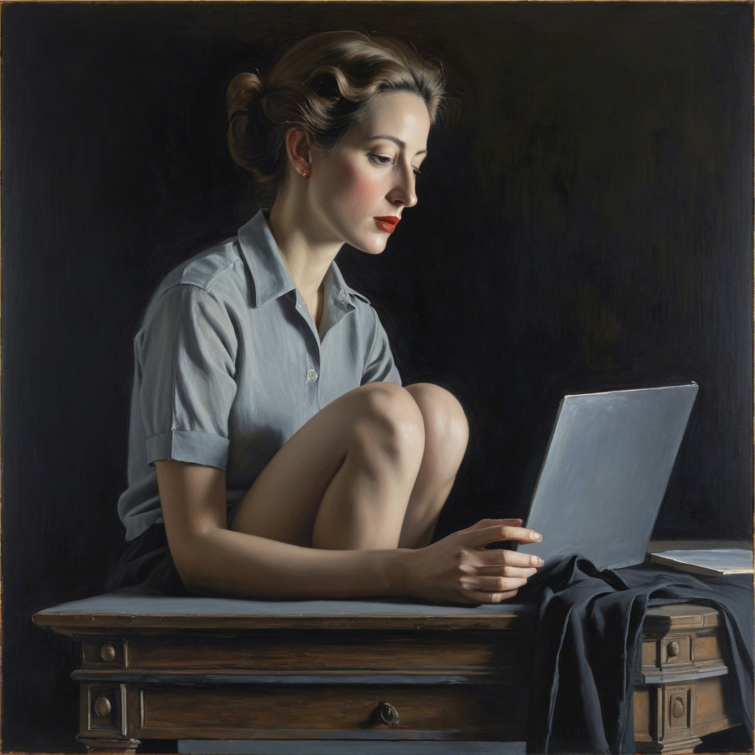 Woman in gray shirt seated at table with laptop