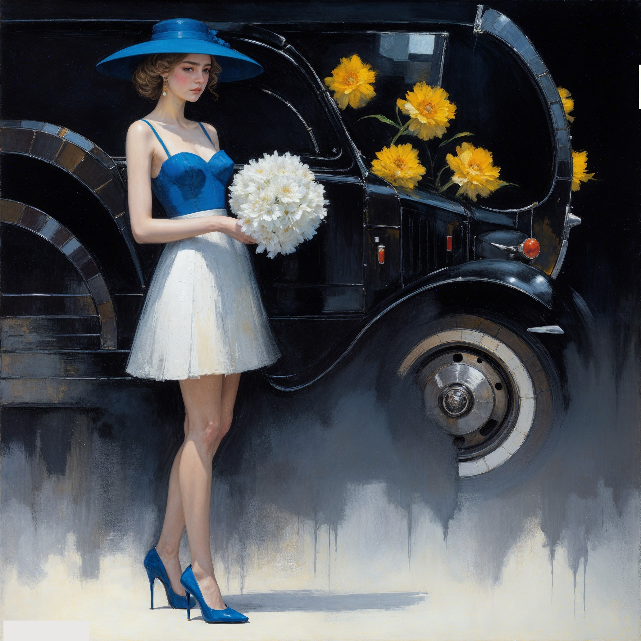 Stylish woman in blue bustier with vintage car and flowers