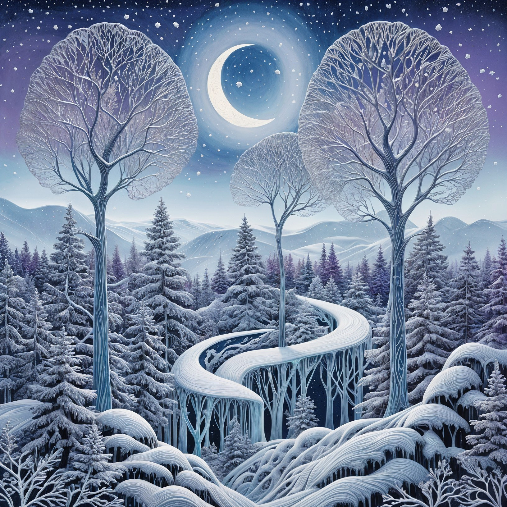 Serene Winter Landscape with Frosted Trees and Moon