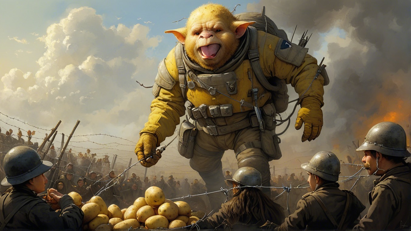 Surreal Battlefield with Cheerful Creature Distributing Potatoes