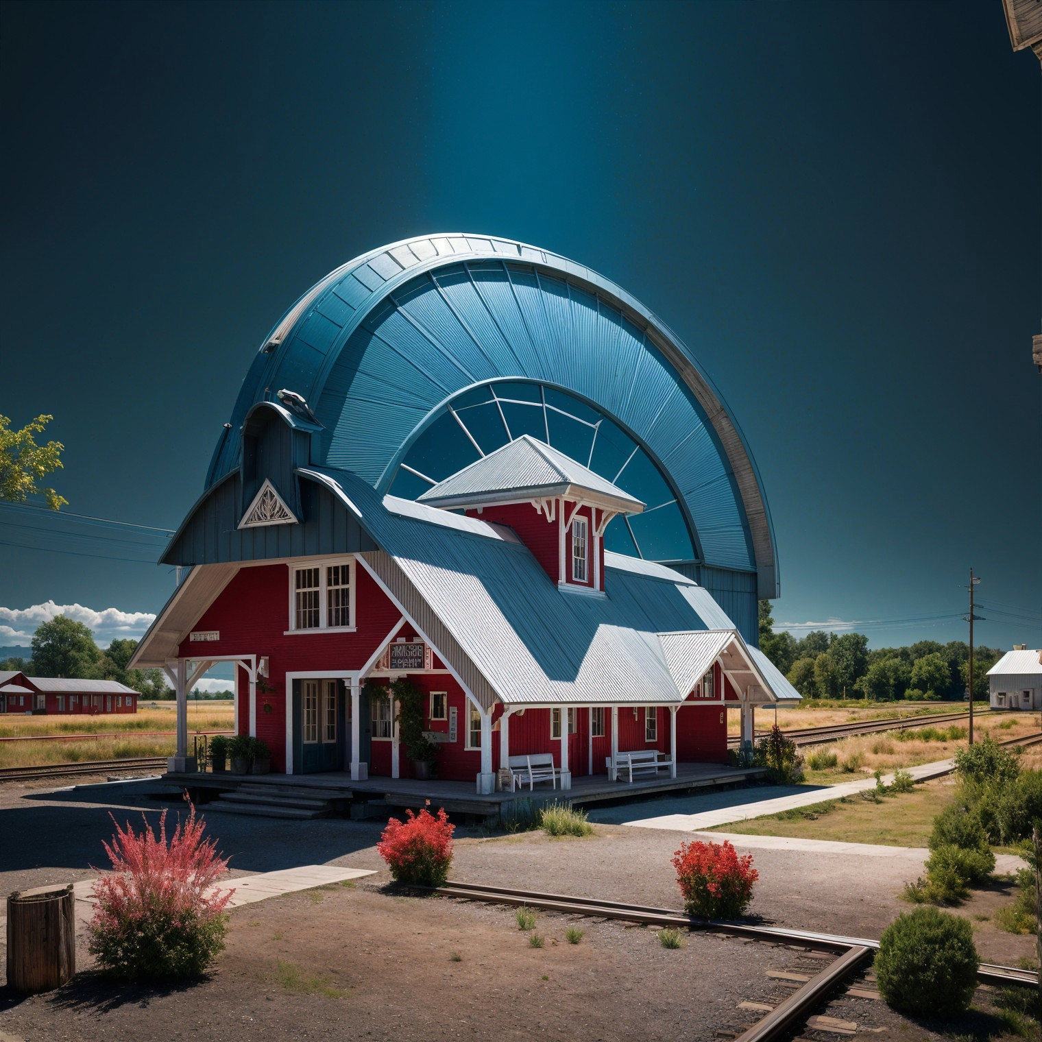 Red Farmhouse and Modern Blue Structure in Rural Setting