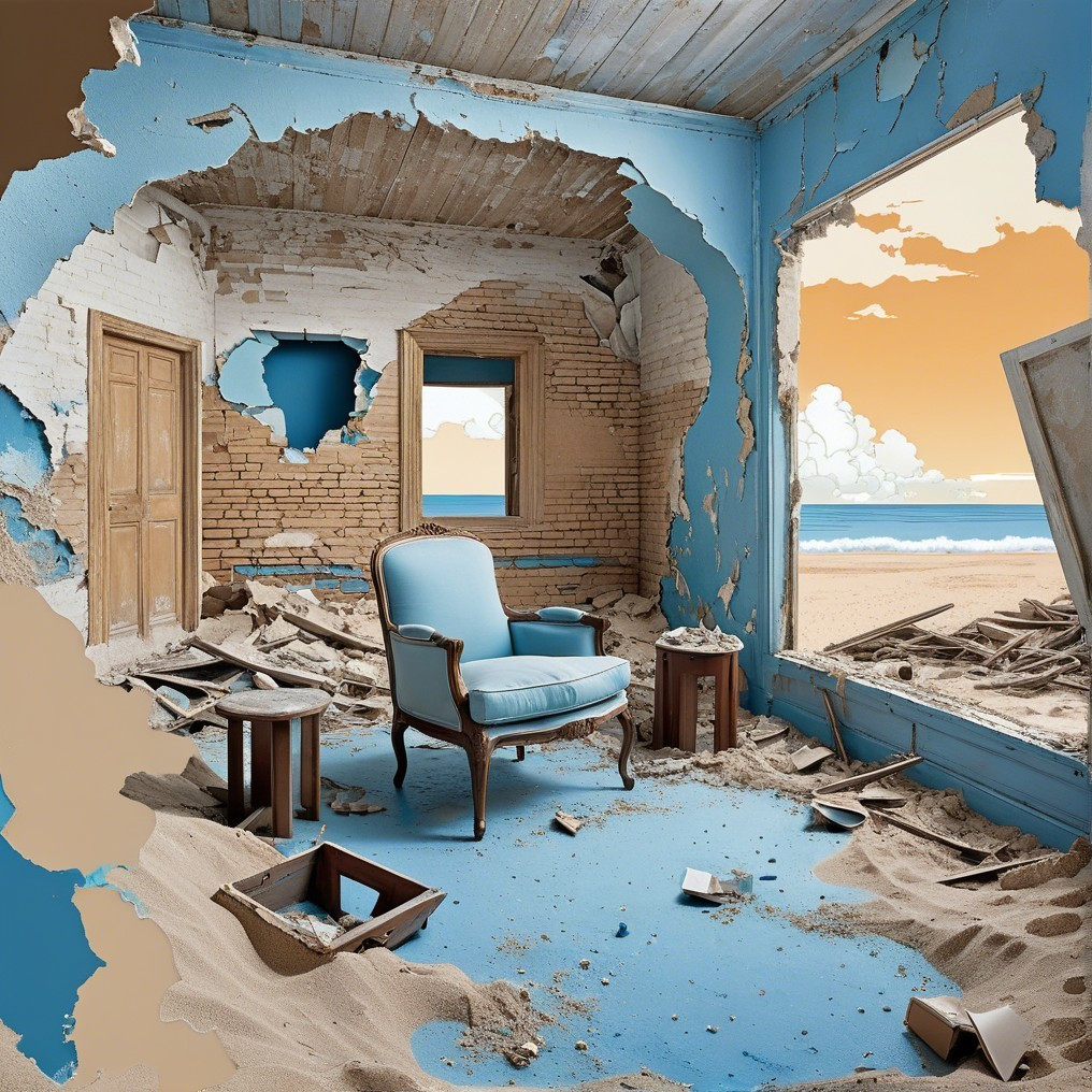 Surreal Room with Crumbling Walls and Beach View