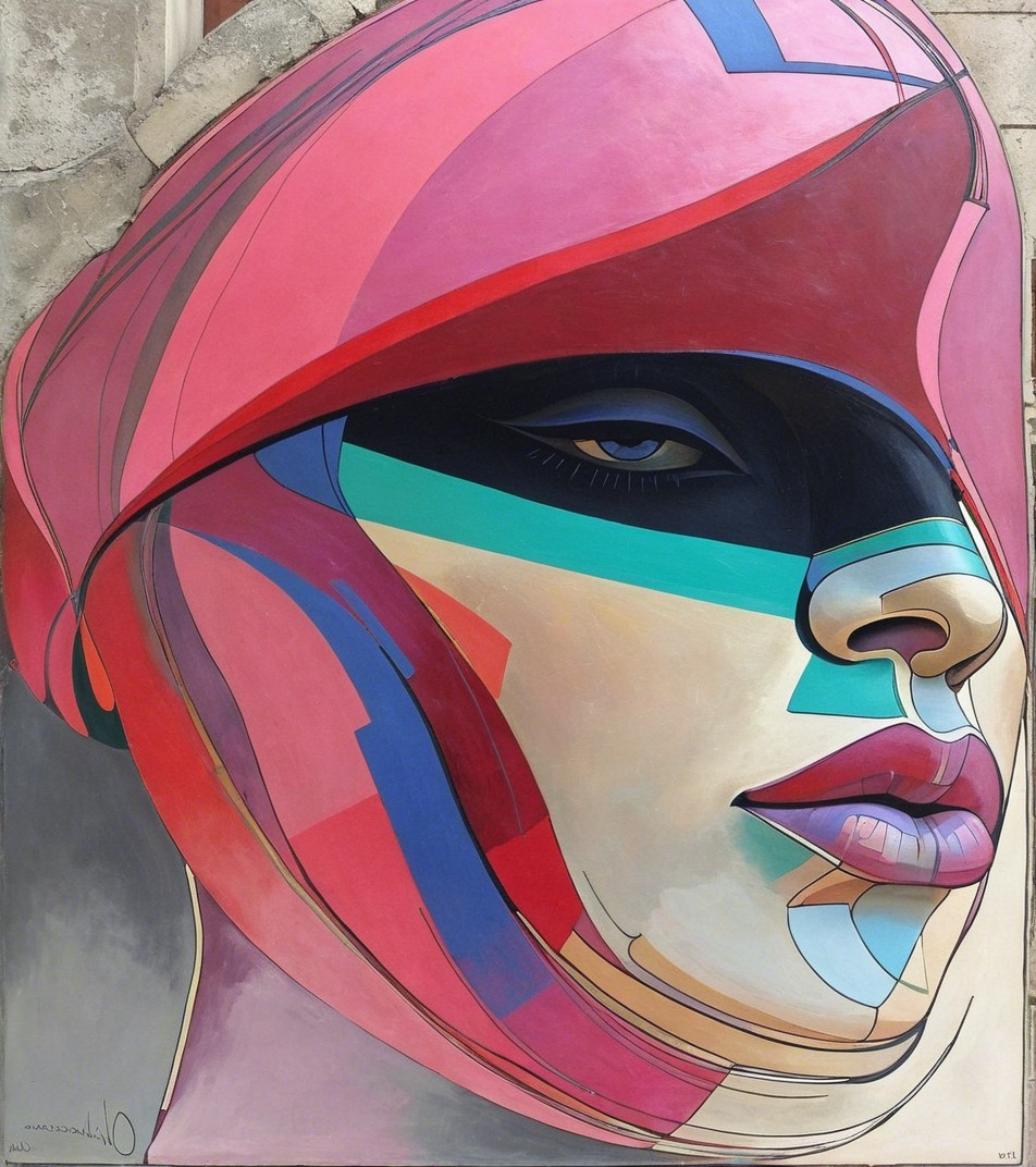 Vibrant Mural of Stylized Female Face in Bold Colors