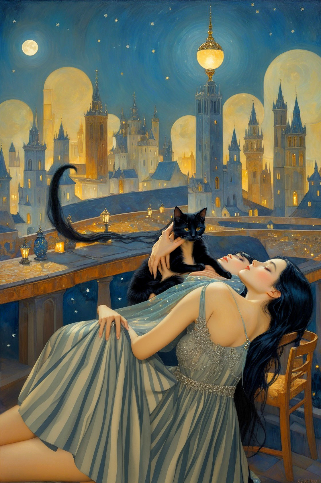 Young Woman on Balcony with Cat and City Skyline