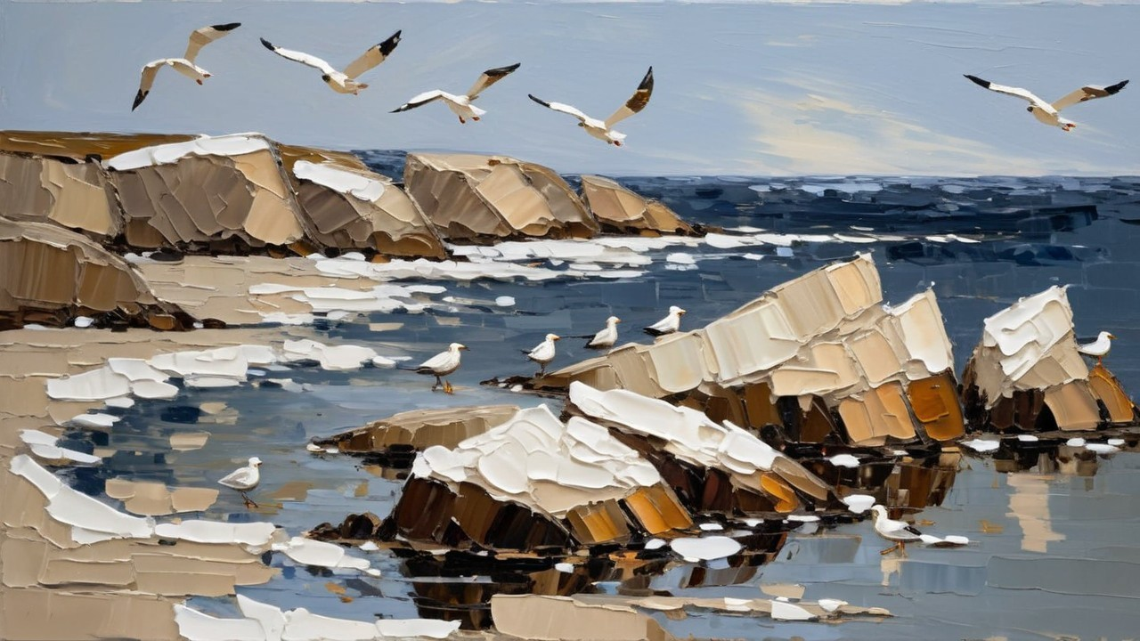 Serene Coastal Scene with Snow-Covered Rocks
