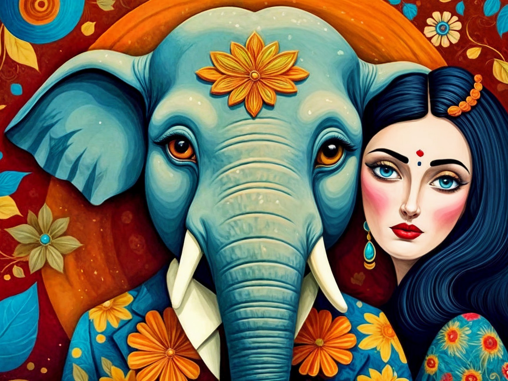 Woman and Elephant with Colorful Floral Patterns