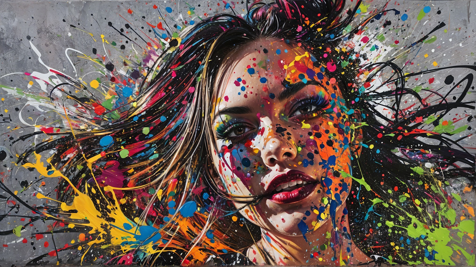 Portrait of a woman with colorful paint splashes
