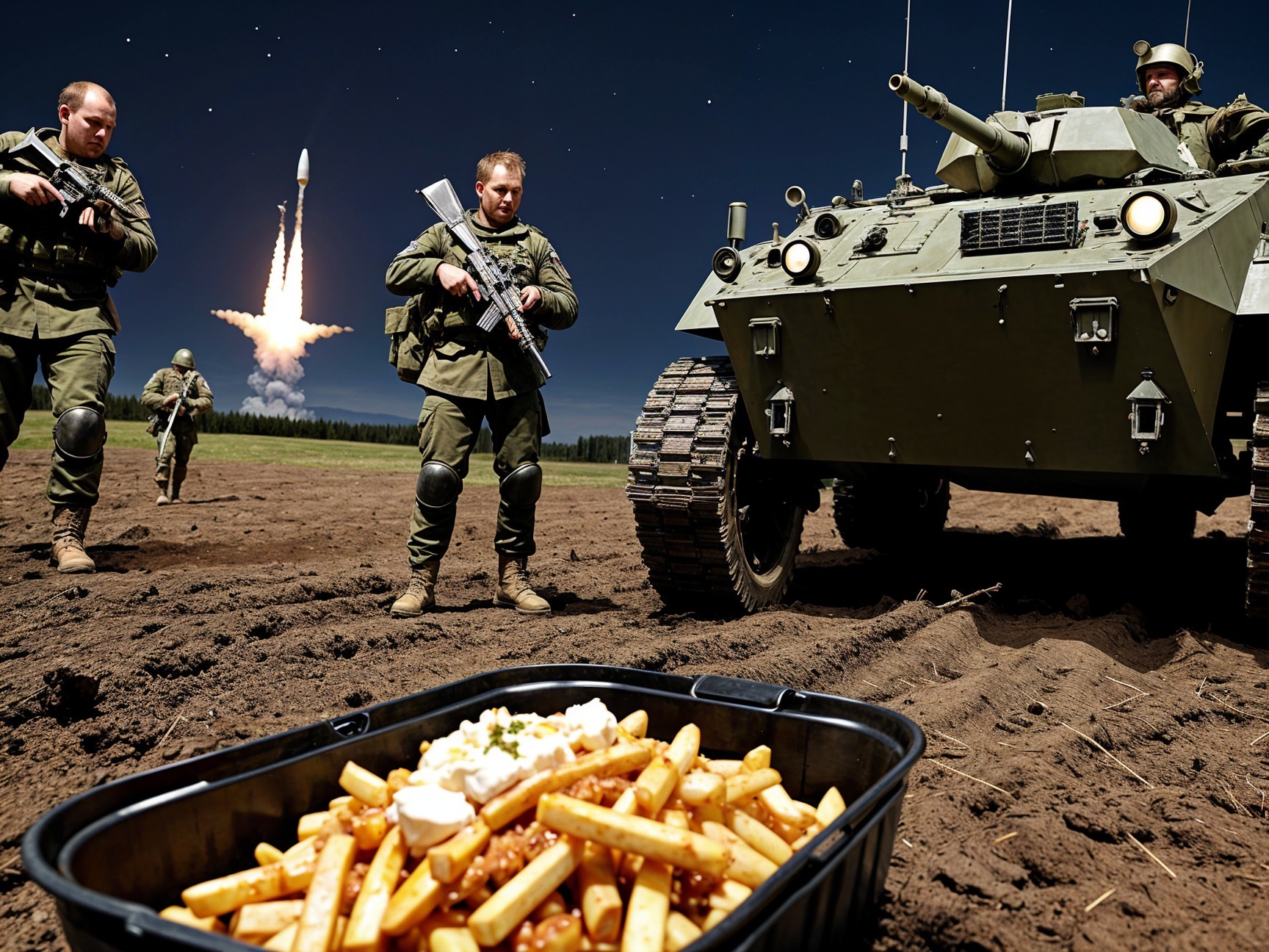 Soldiers in Tactical Gear Amidst Food and Conflict