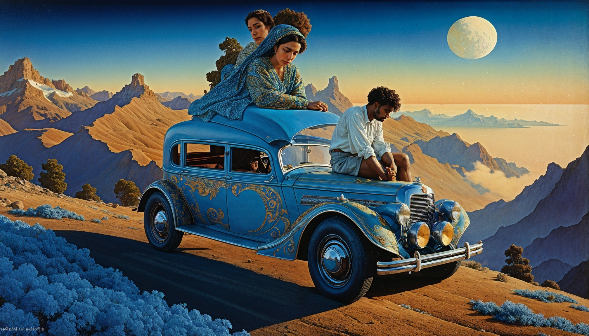 Vintage Blue Car on Scenic Mountain Road at Dusk