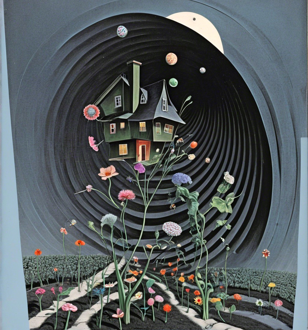 Surreal Illustration of Whimsical House and Flowers