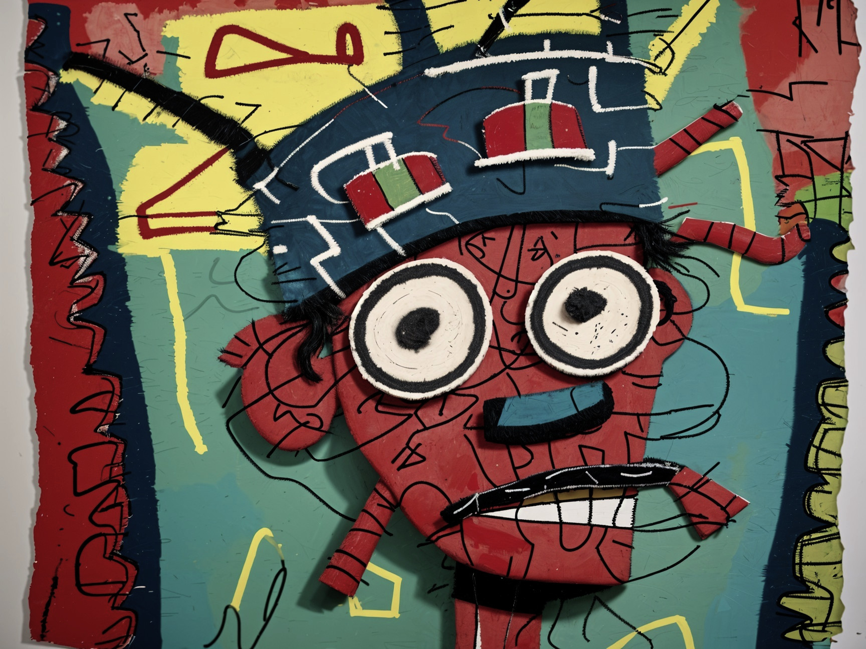 Abstract Red Face with Blue Hat and Vibrant Background