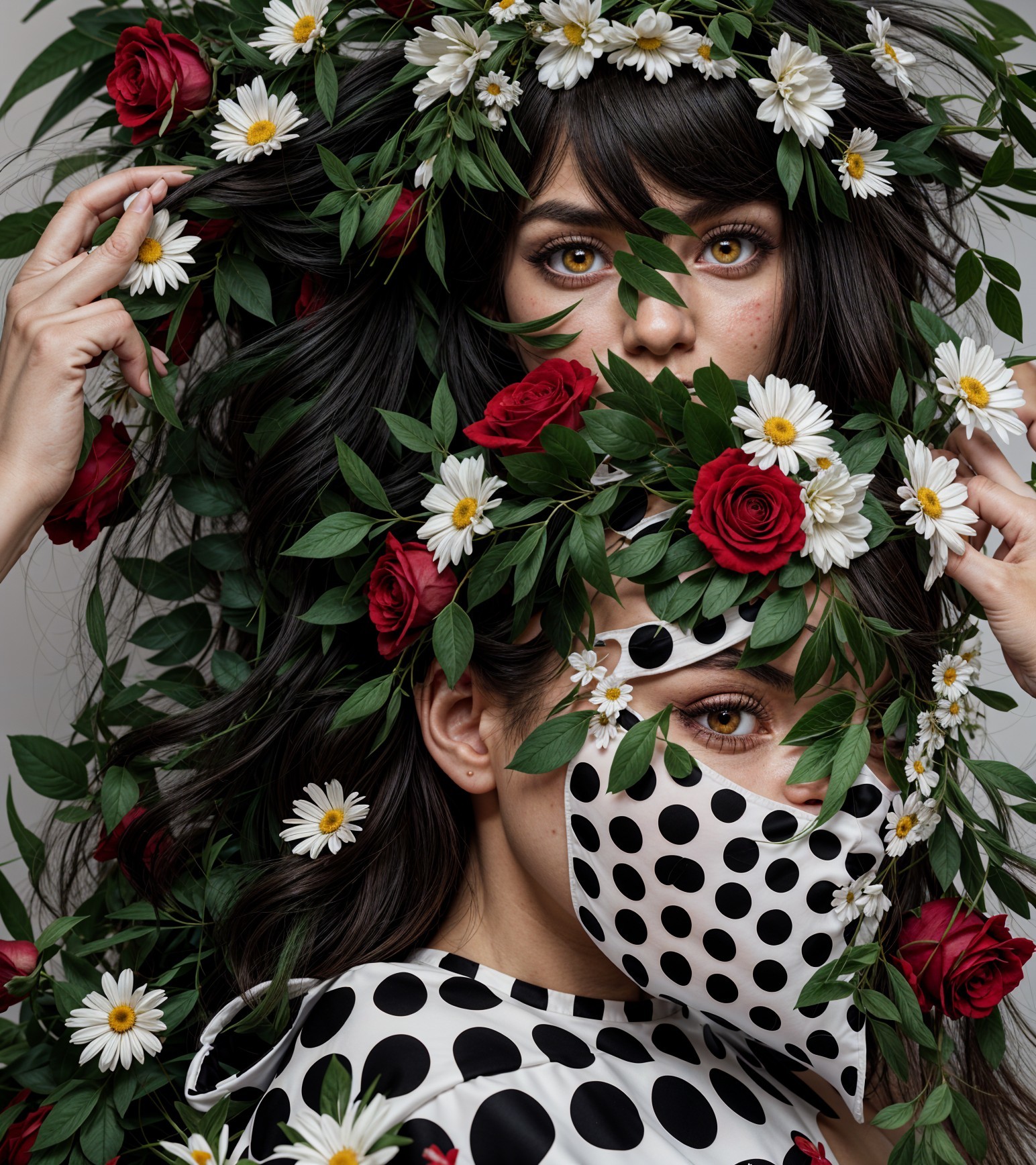 Women in Floral Arrangement with Roses and Daisies