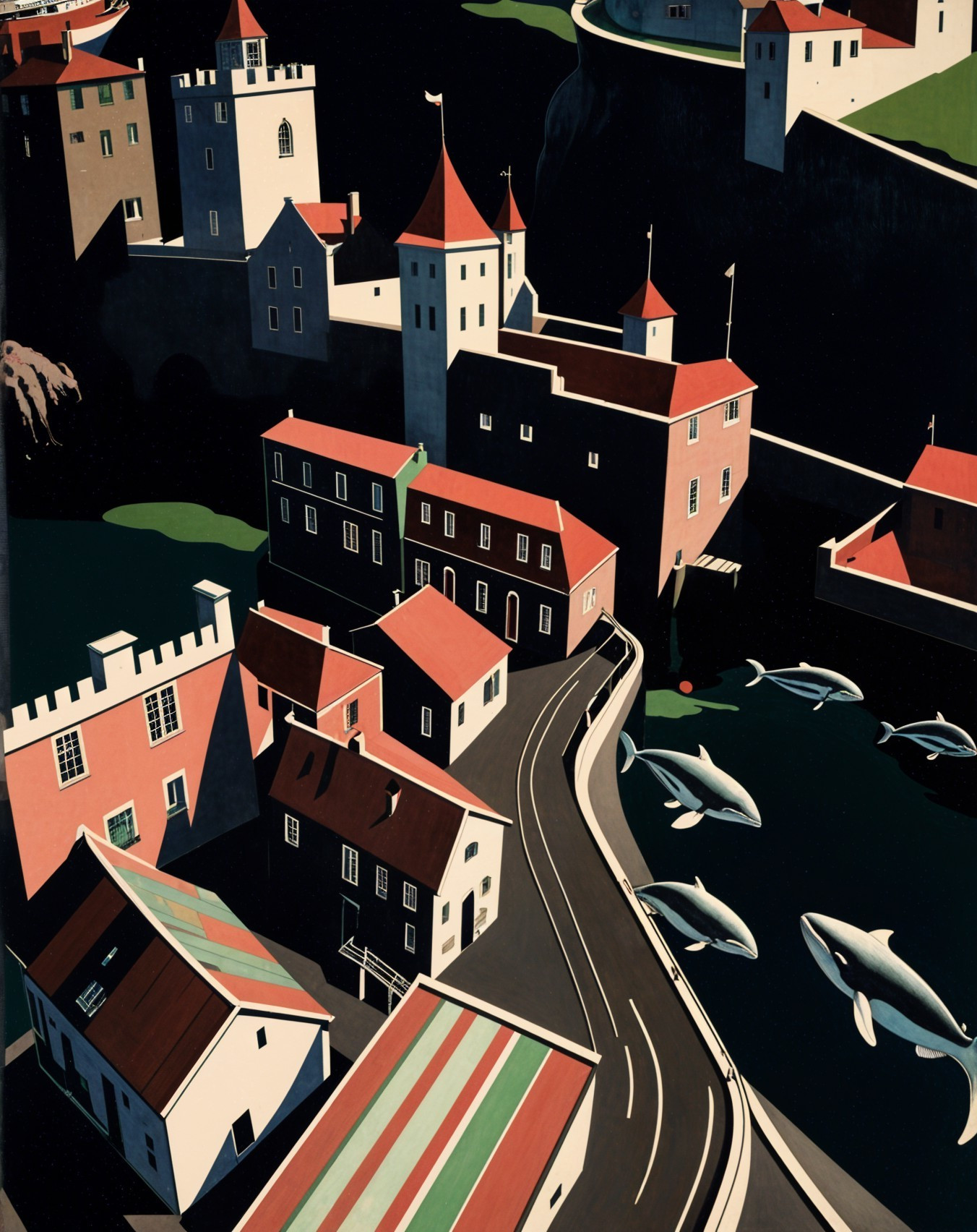 Aerial View of Colorful Coastal Town with Cliffs