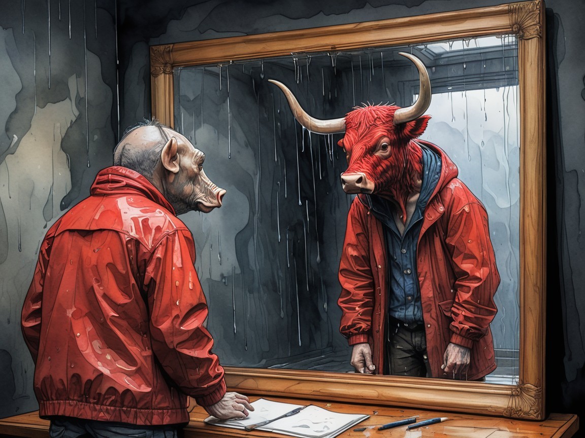 Surreal Reflection of Masked Figures in Dim Light