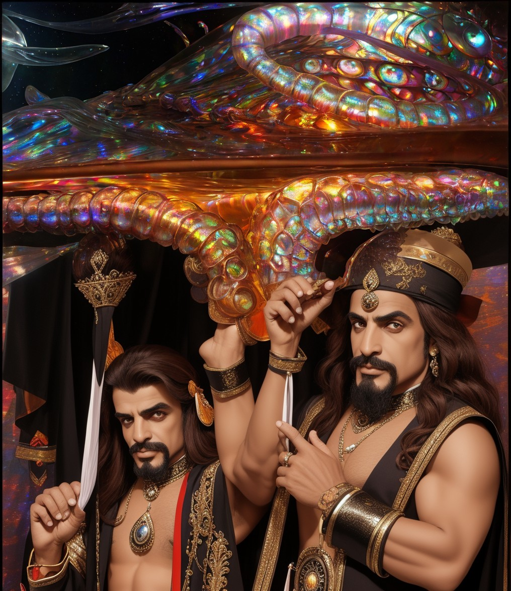 Regal Figures in Traditional Attire Under Ornate Canopy
