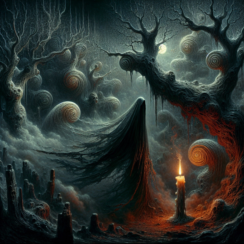 Surreal Forest with Shadowy Figure and Ethereal Mist