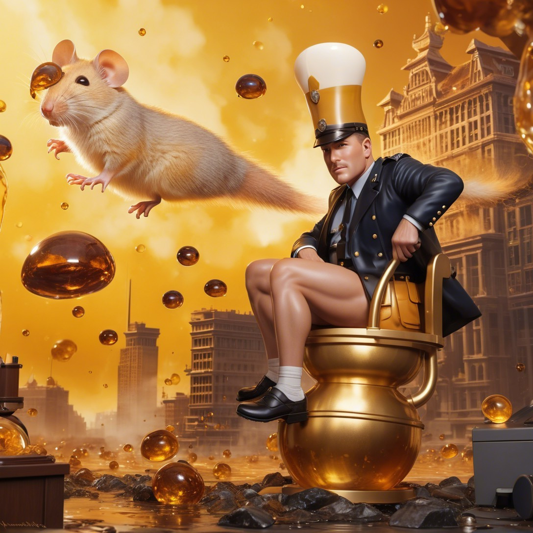 Muscular Officer on Throne-Like Toilet in Fantasy City