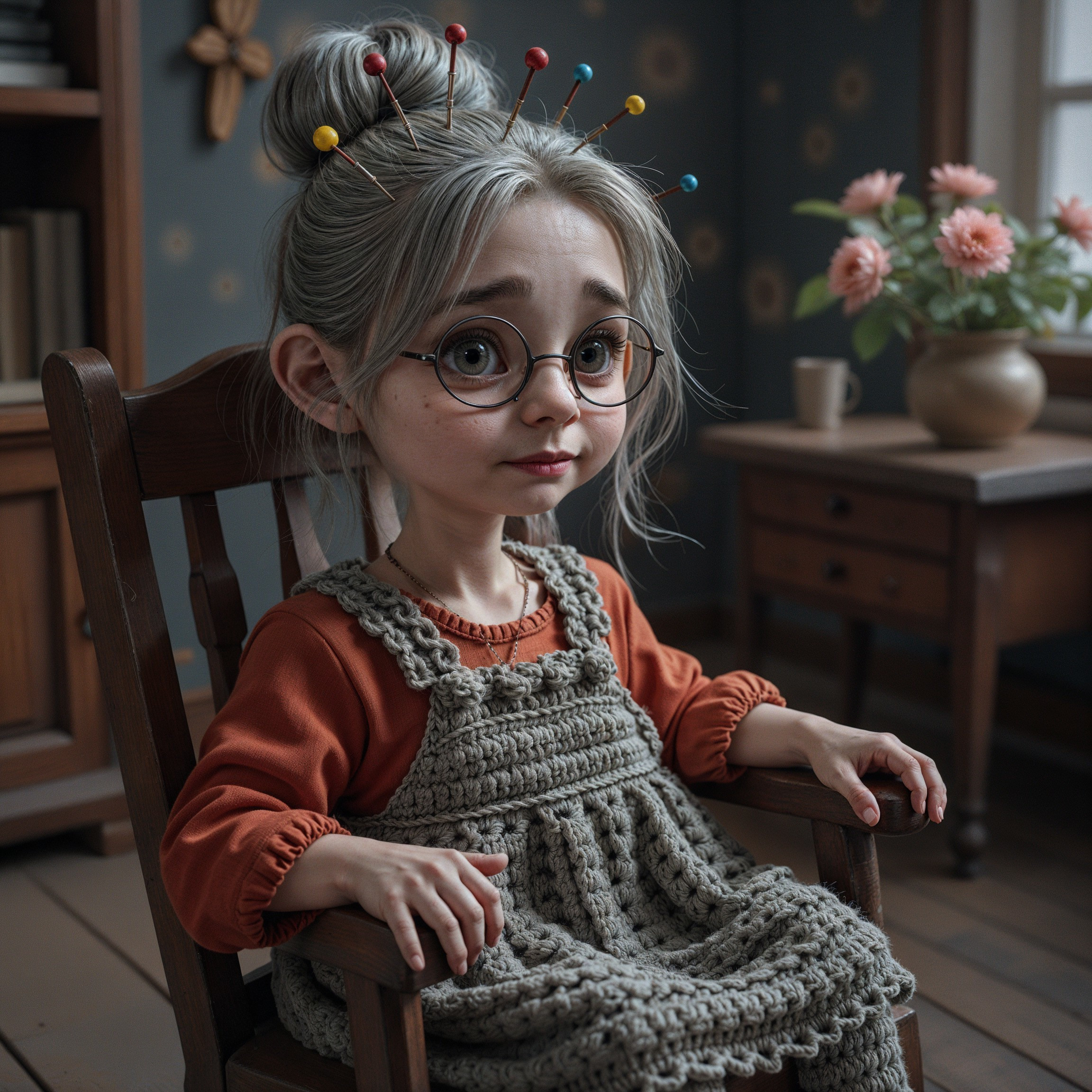Young girl in glasses in a cozy, floral room