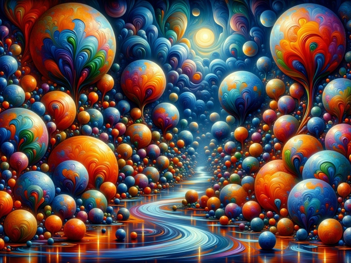 Surreal Landscape with Colorful Orbs and River Reflection