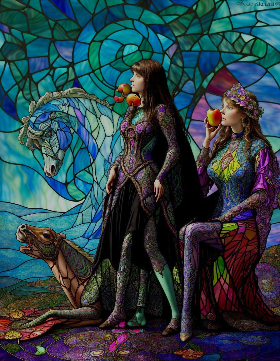 Elegant Women in Colorful Stained Glass Attire