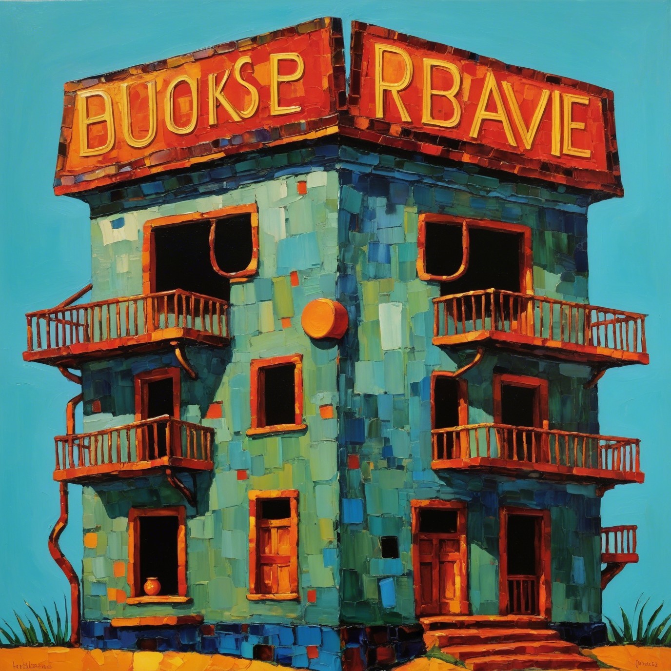 Surreal Painting of a Turquoise Angular Building
