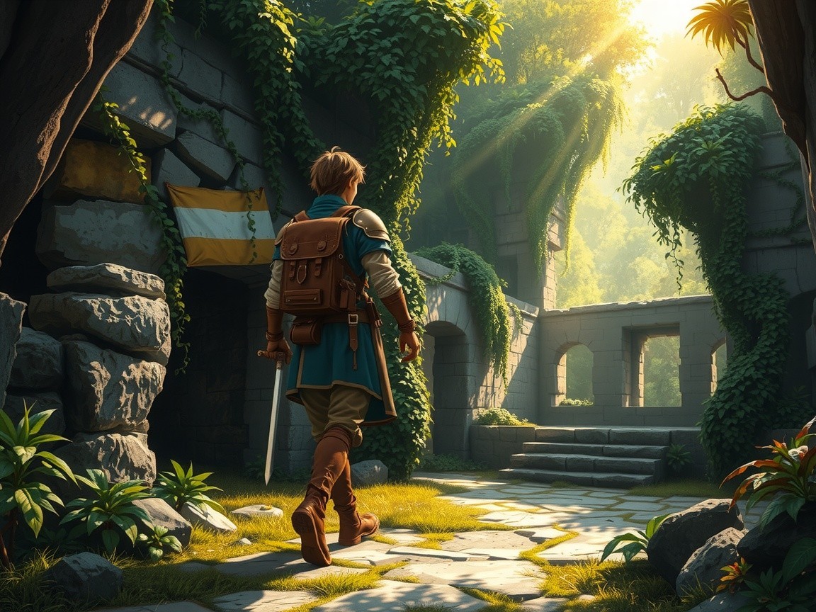 Young Adventurer Explores Lush Overgrown Ruins