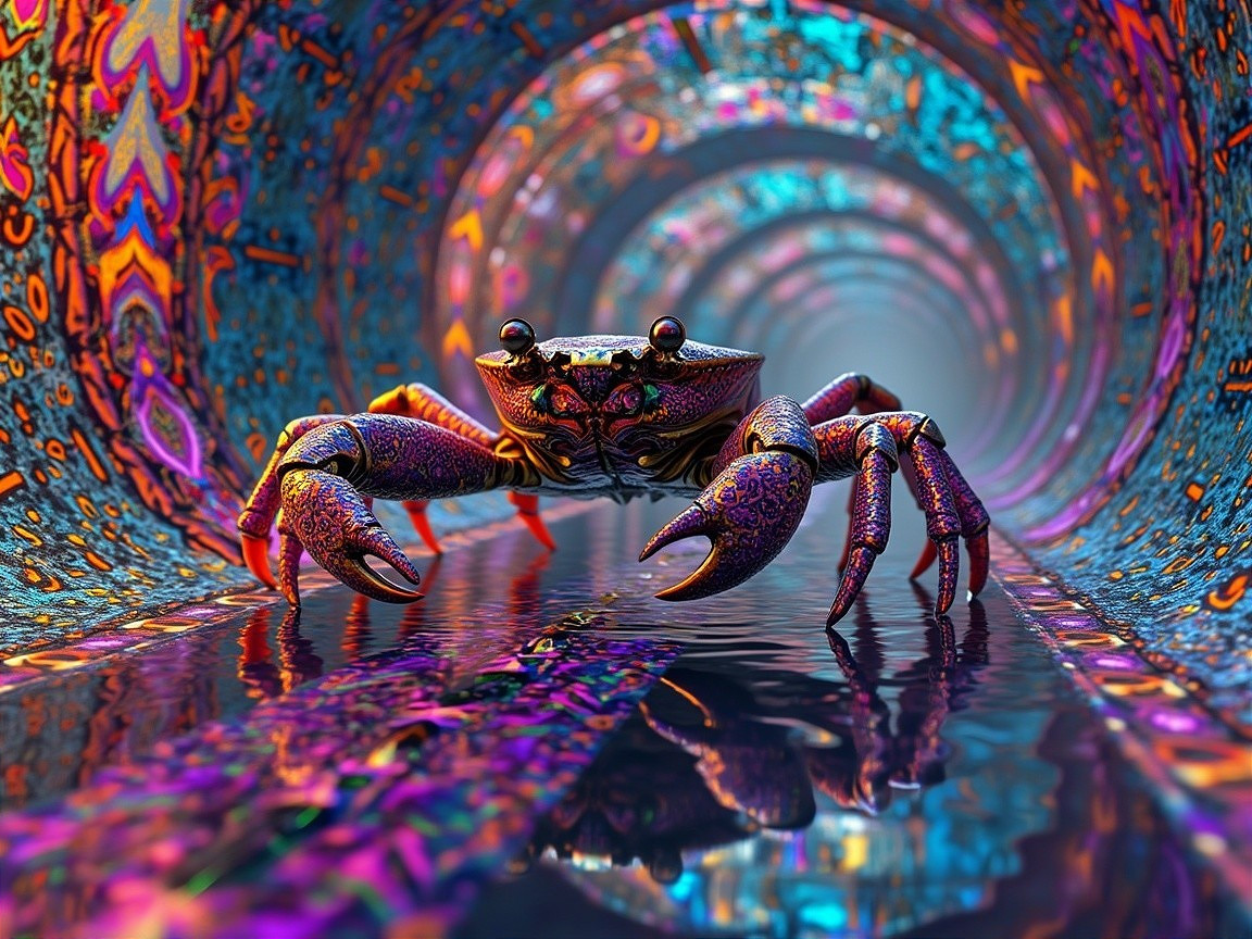 Colorful Crab in a Surreal Reflective Tunnel Scene
