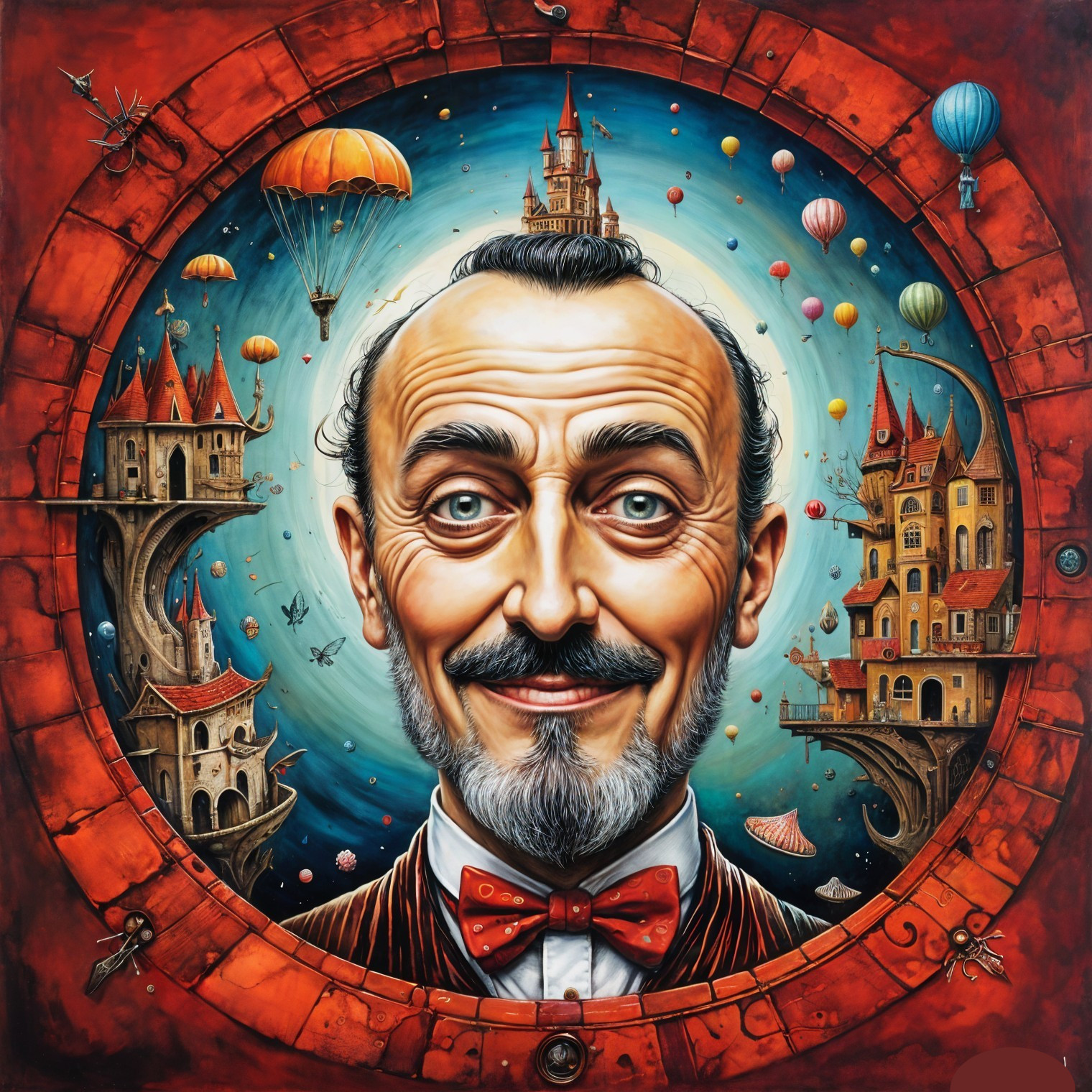 Surreal Portrait of a Smiling Man in Whimsical Landscape