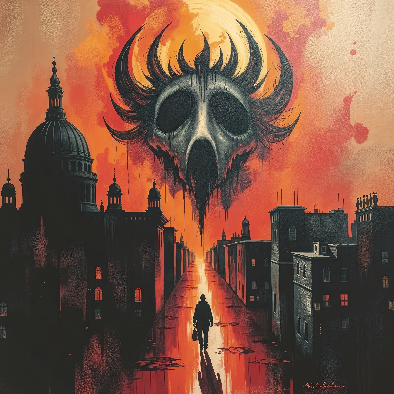 Silhouetted Figure on Deserted Street at Sunset