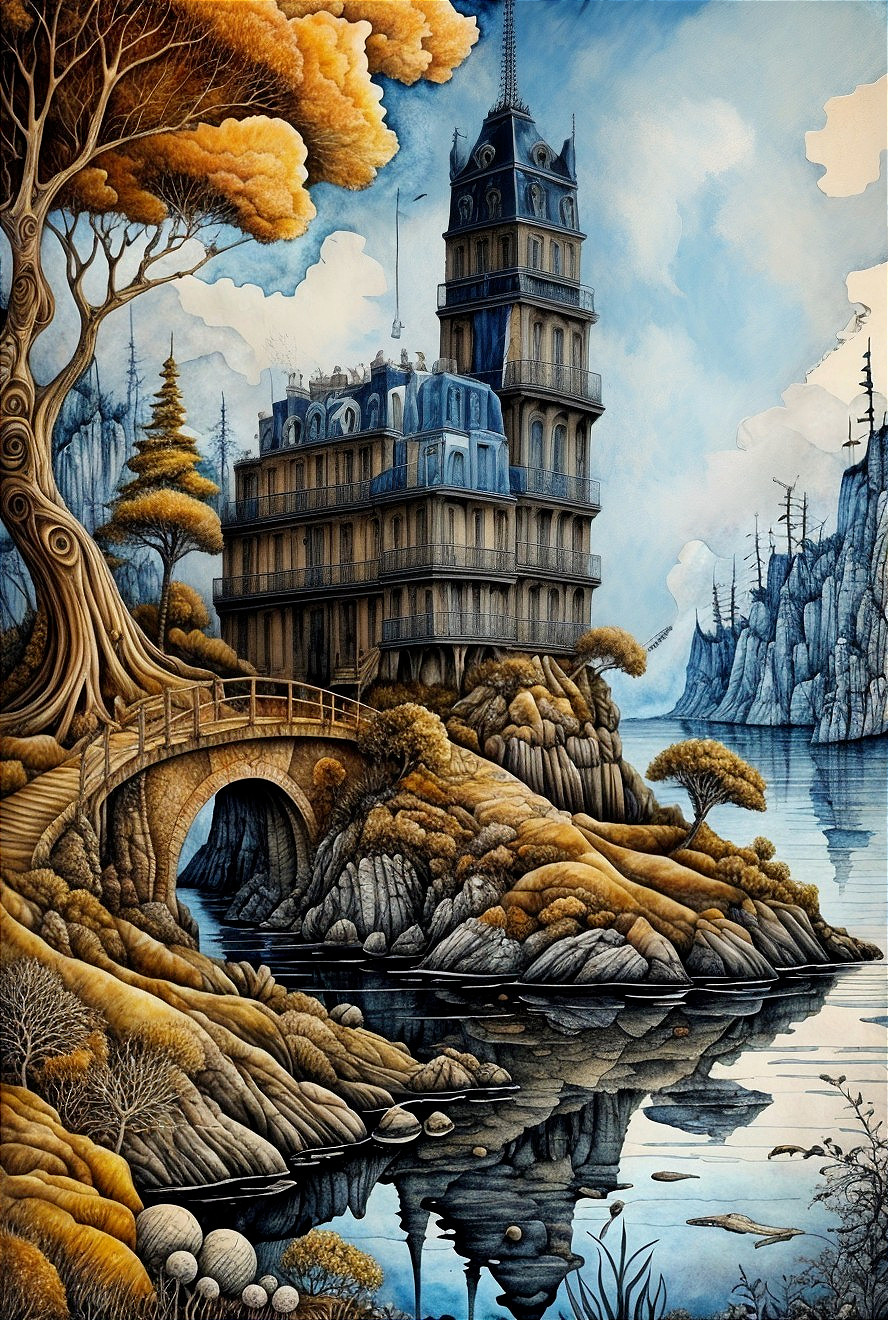 Whimsical Landscape with Grand Castle and River