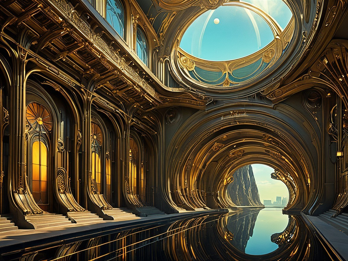 Futuristic Interior with Grand Arches and Water Surface