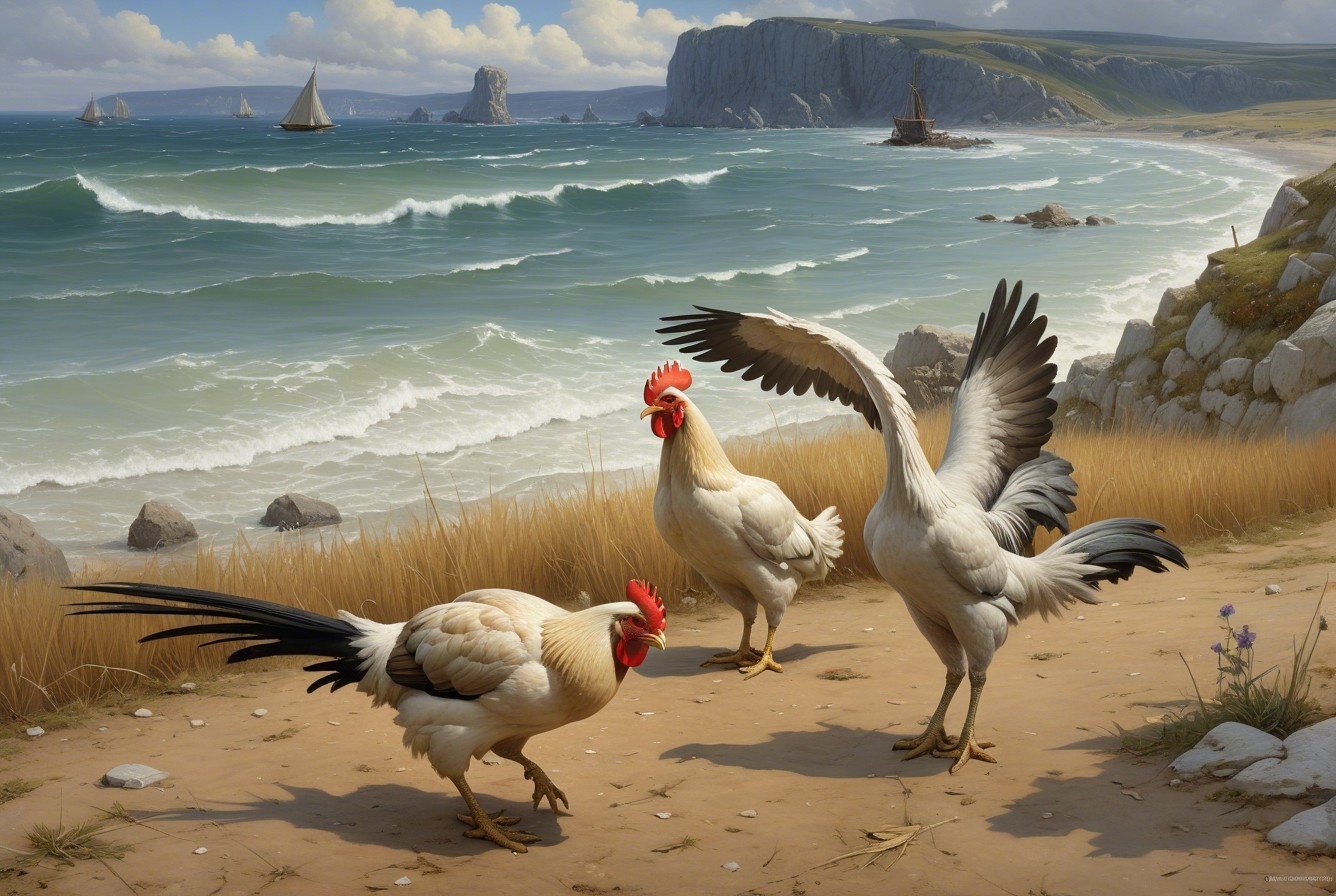 Elegant roosters on a sandy coastal path with waves