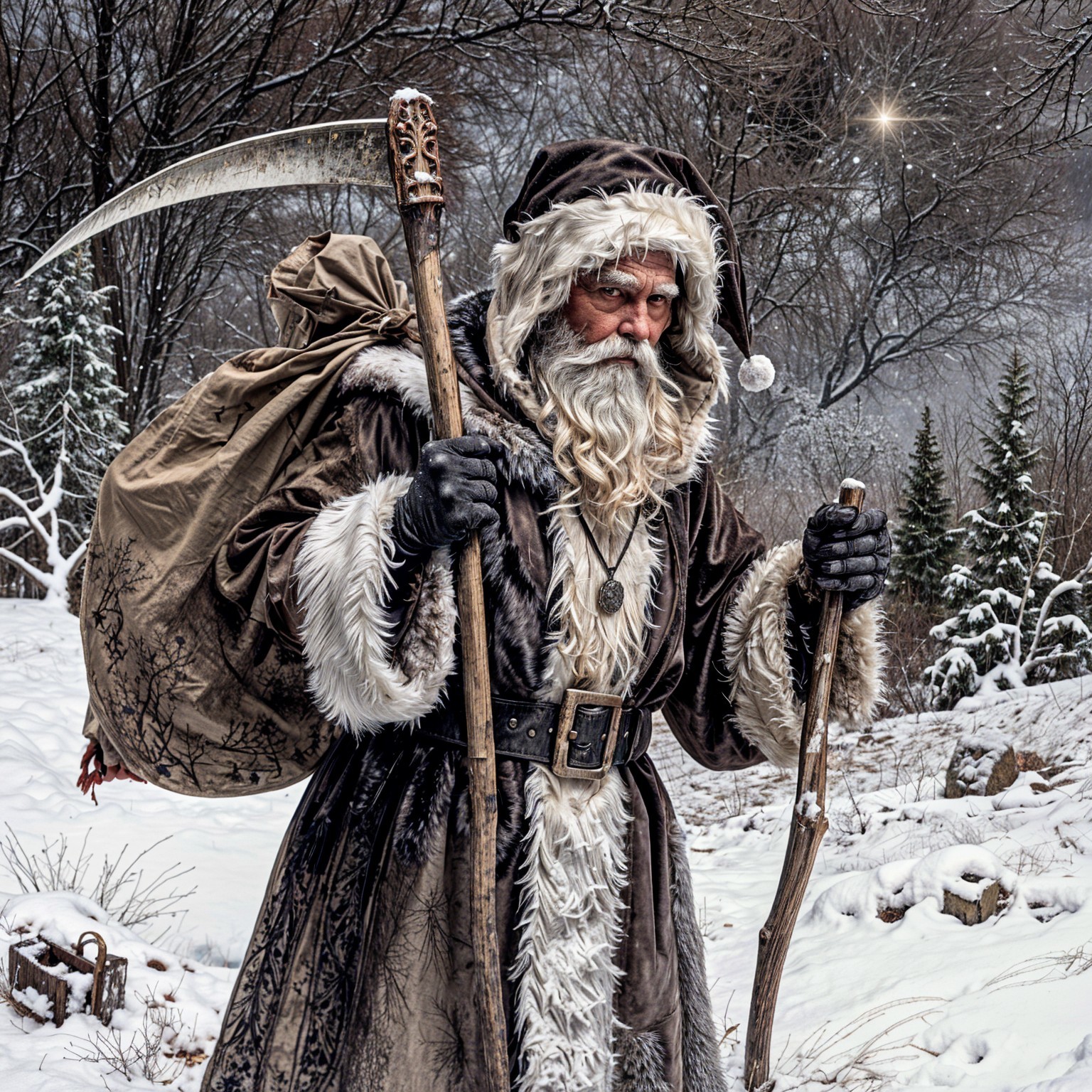 Stern-faced figure in snowy forest with wooden staffs