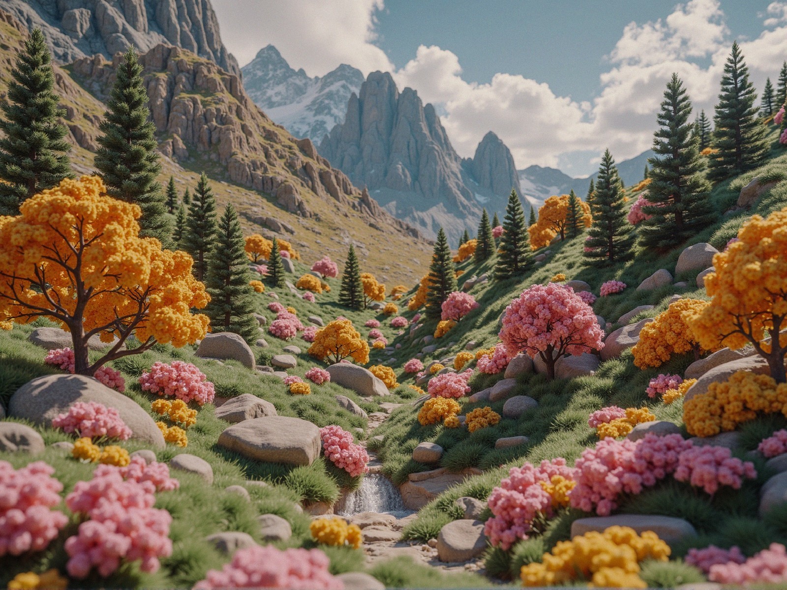 Vibrant Mountainous Landscape with Colorful Valley Flowers