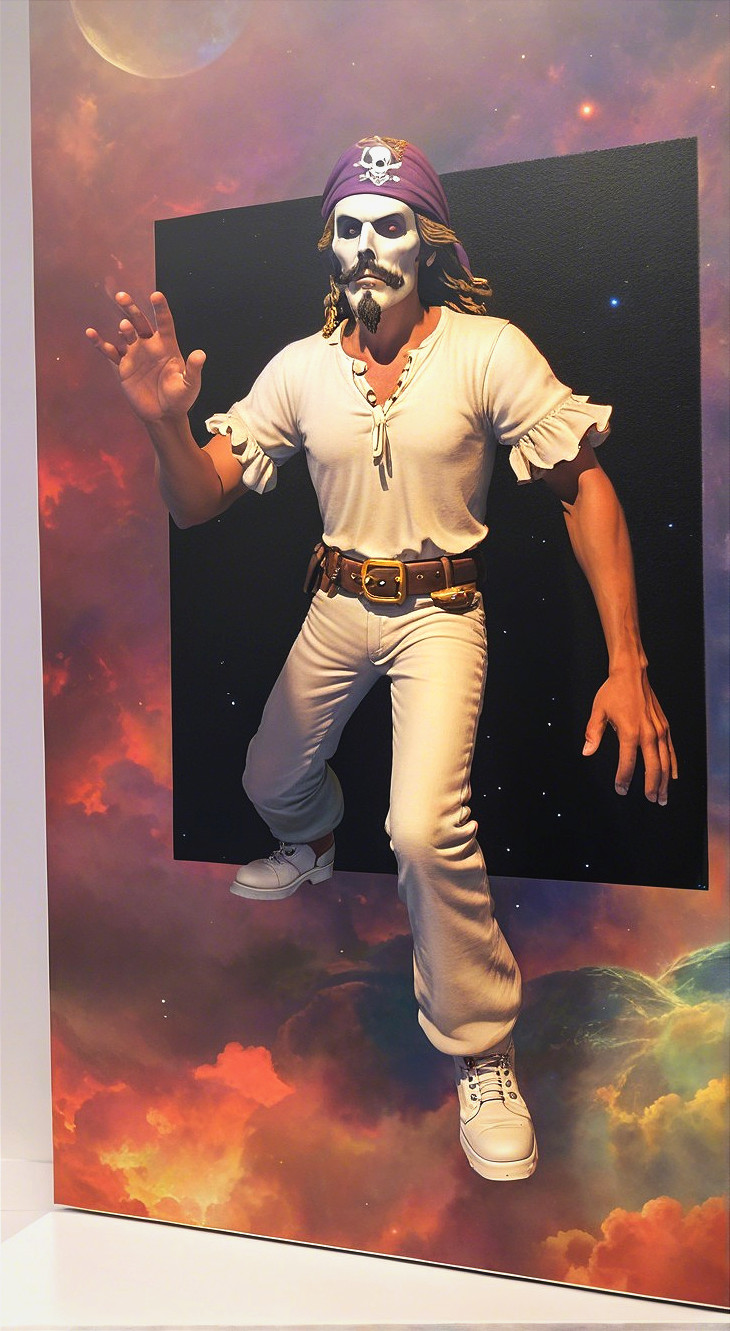 Stylized Pirate Figure Against Cosmic Backdrop