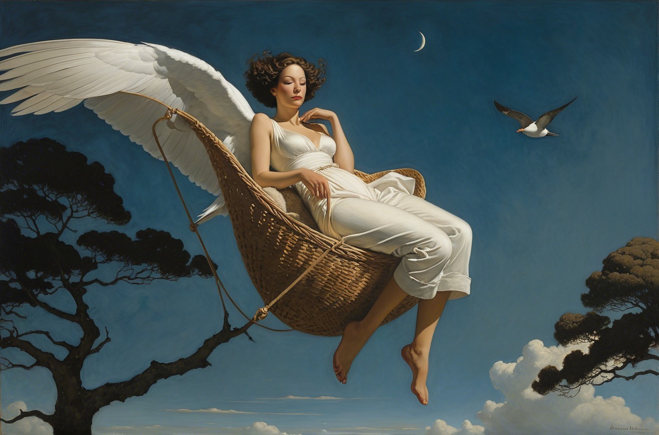 Woman in White Dress Resting in Basket Under Moon
