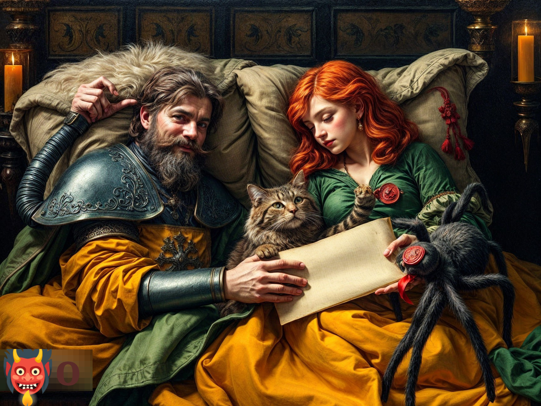 Medieval Couple in Candlelit Room with Cat and Spider
