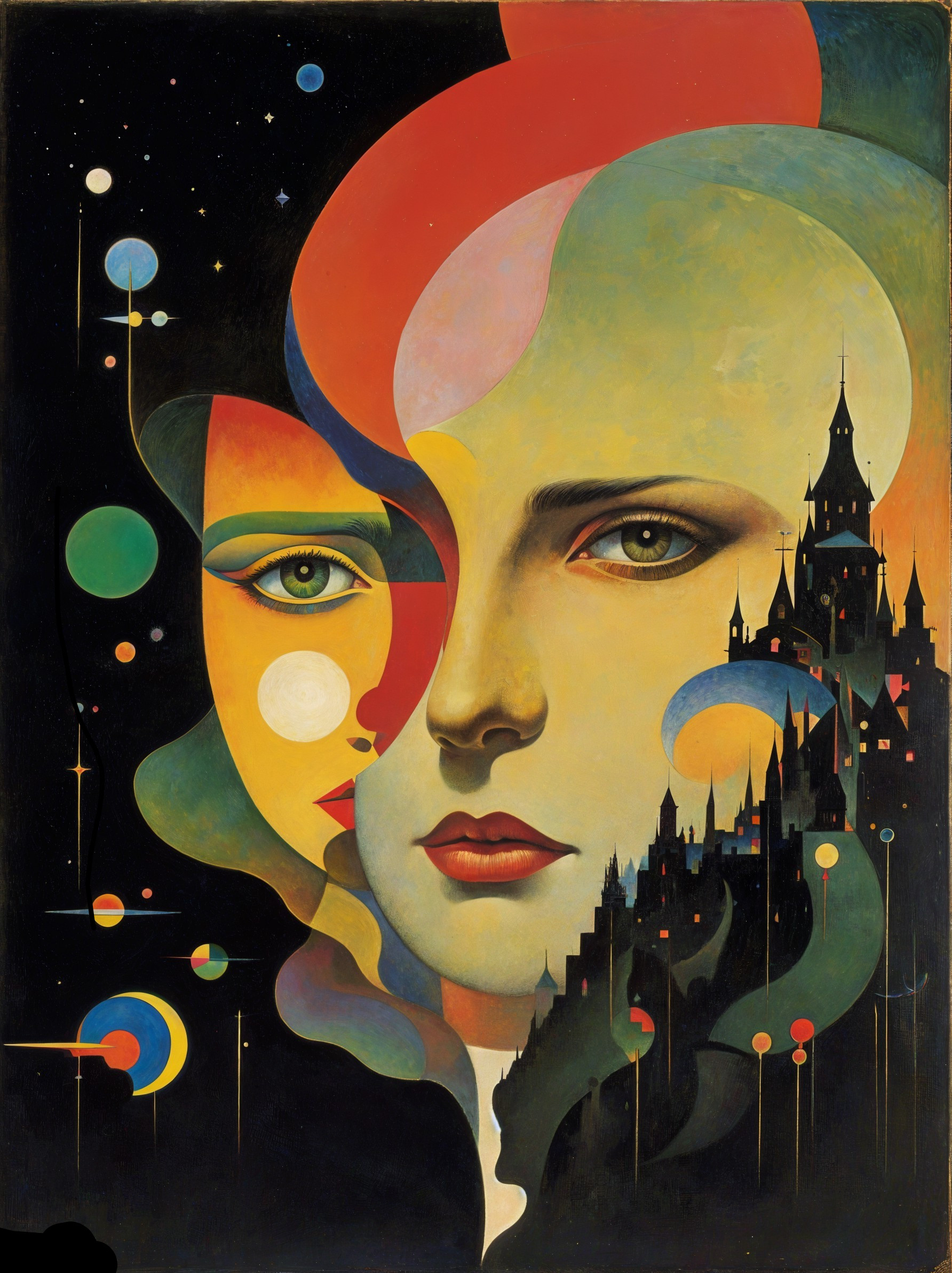 Stylized Female Faces in Cosmic Landscape Artwork