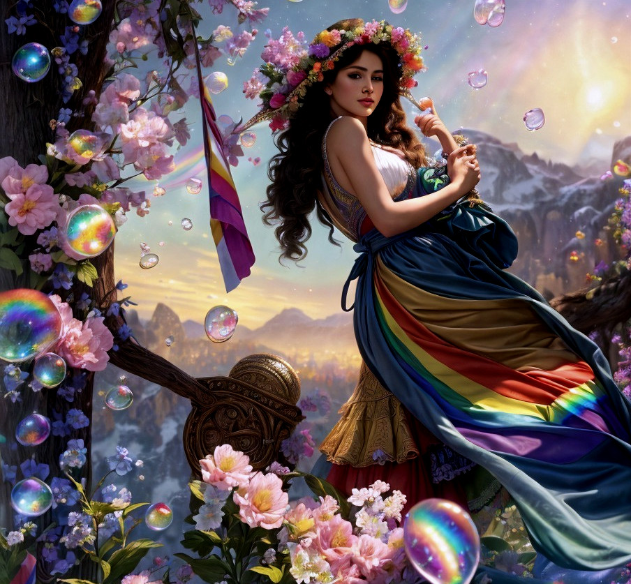 Woman in Colorful Gown Surrounded by Flowers and Bubbles